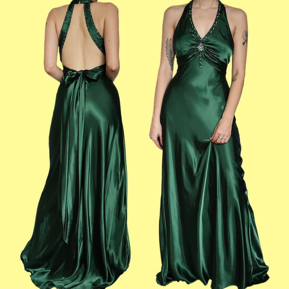 Green Vintage Niki Livas Satin Evening Gown Prom Dress UK Size 8