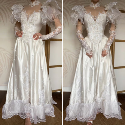80s lace satin wedding dress with removable sleeves UK 10