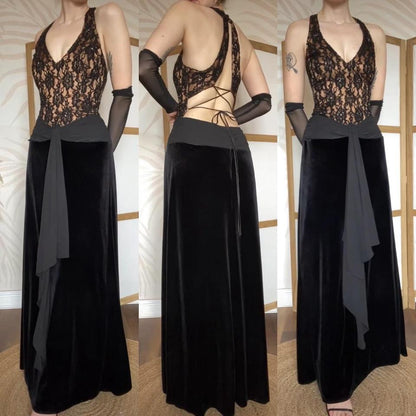 Dave & Johnny black lace & velvet evening dress uk 12