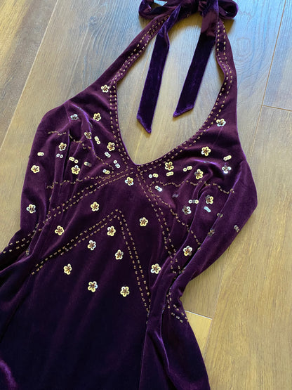 Dark purple velvet halterneck evening dress uk 12