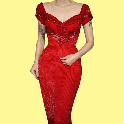 Frank Usher red beaded/sequin evening dress UK 10