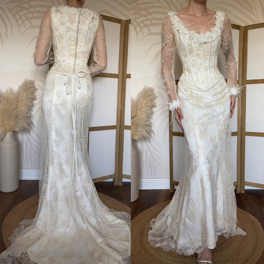 Ian Stuart champagne lace wedding dress uk 12