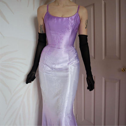 YVE London purple satin beaded fishtail evening gown UK 10