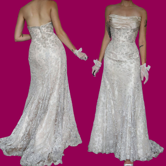 Champagne strapless Ian Staurt lace wedding dress UK 14