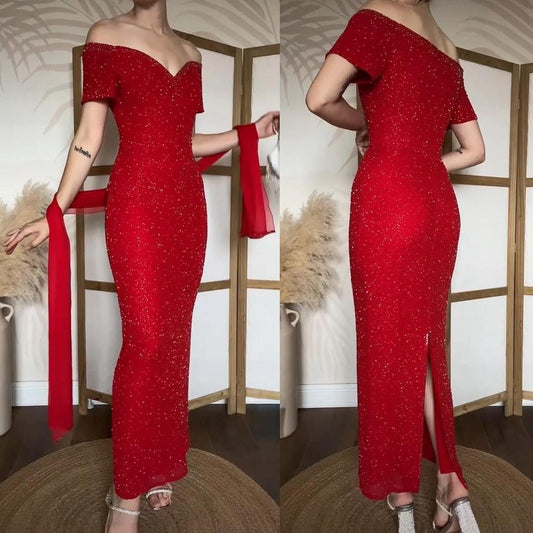 Red 100% silk beaded off the shoulder gown & shawl uk 10