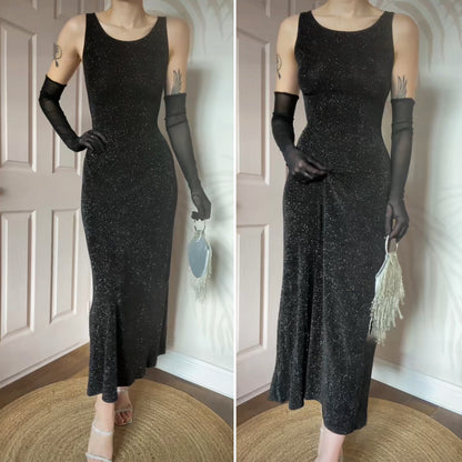 Black glittery stretch 90s evening dress UK 12