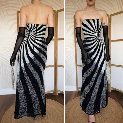 Black & white Kaleidoscope beaded strapless evening dress UK 12 & 14 available