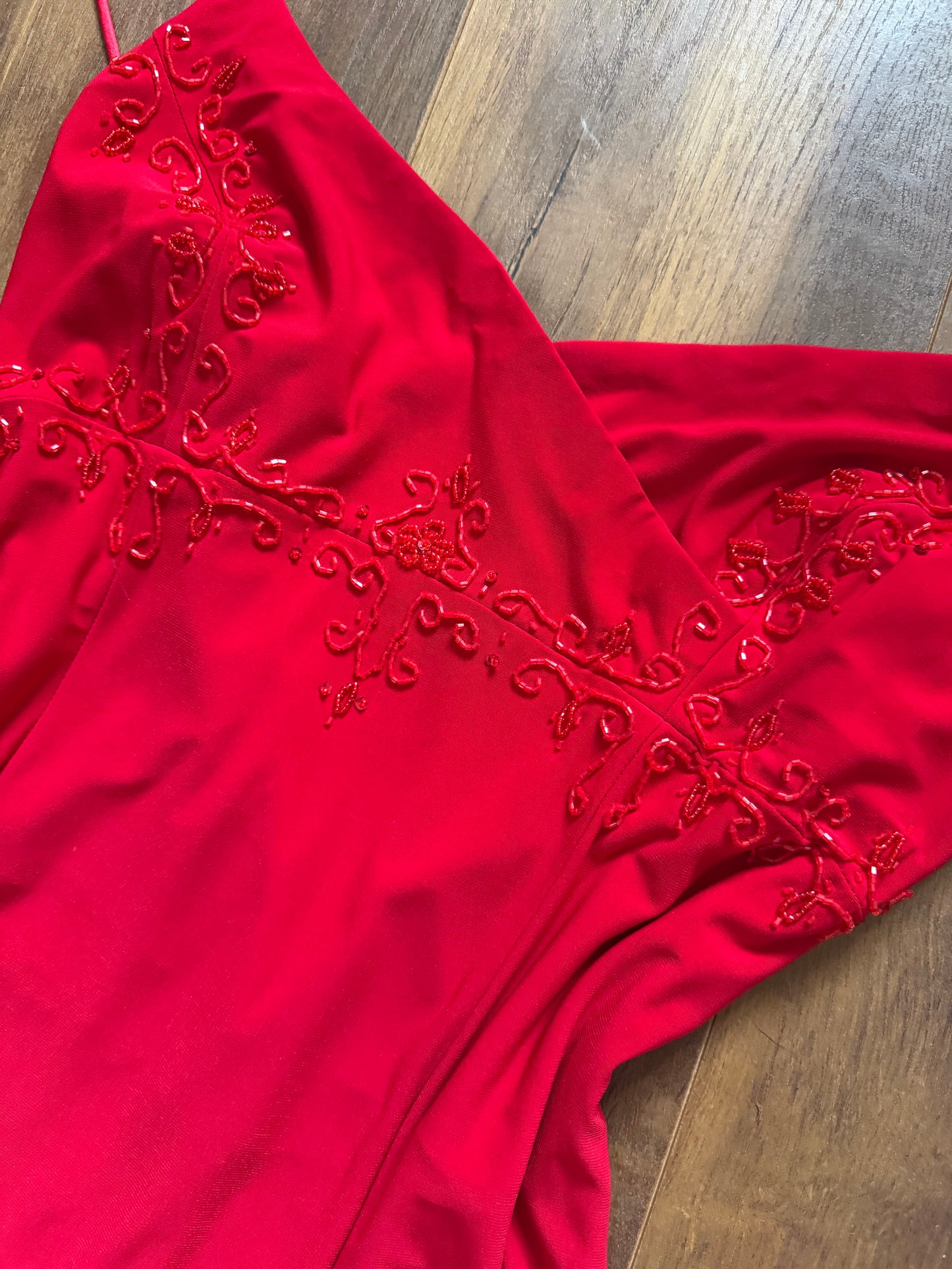 Flori red stretch beaded evening dress UK 14
