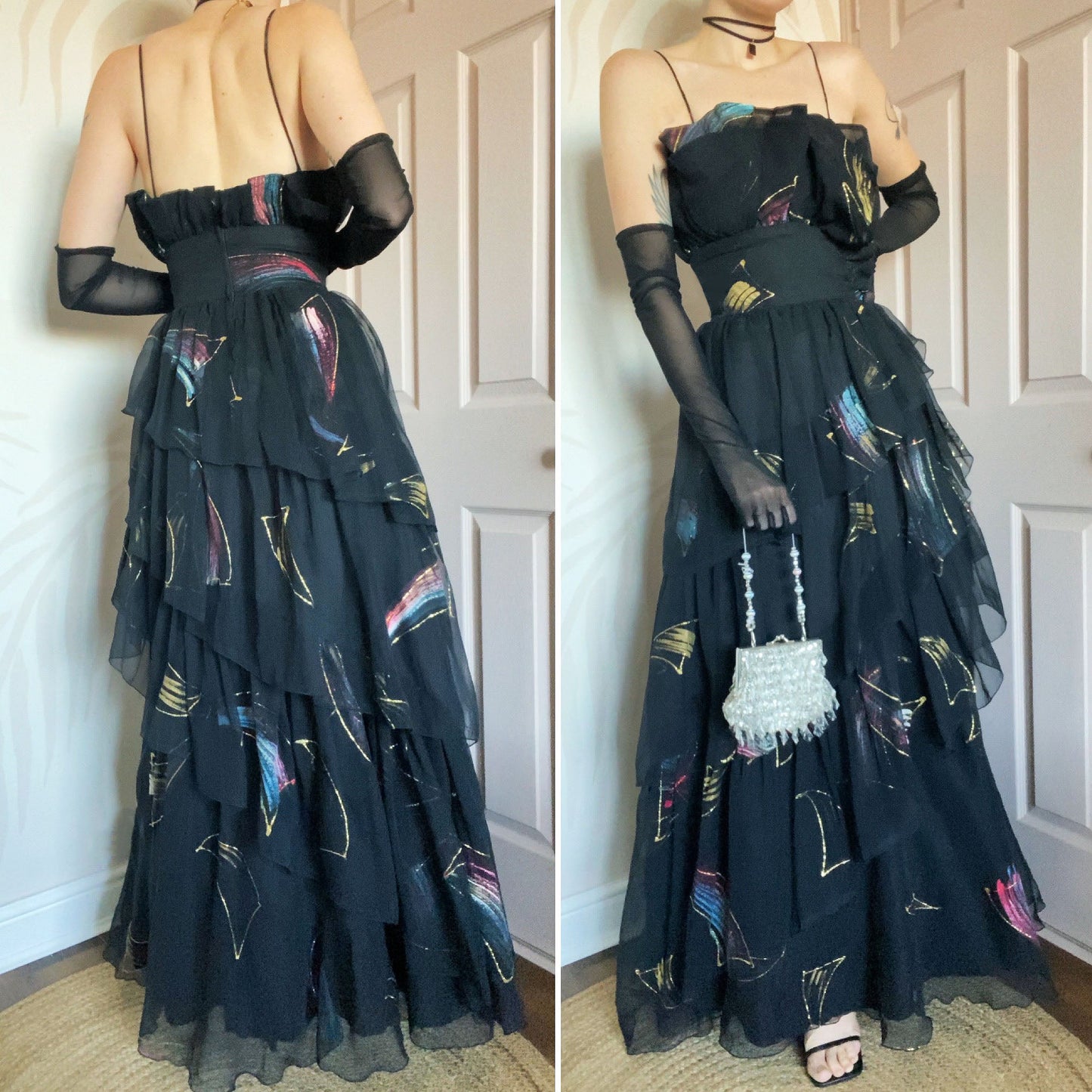 John Charles vintage black layered evening gown UK 12