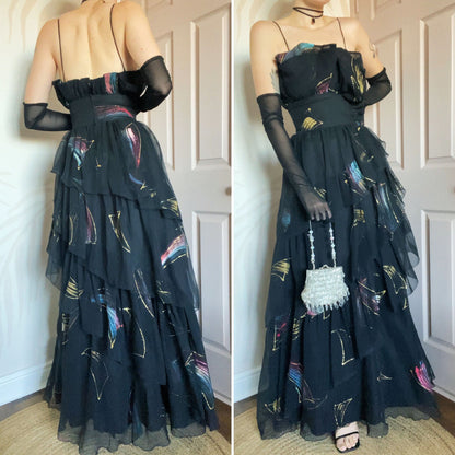 John Charles vintage black layered evening gown UK 12