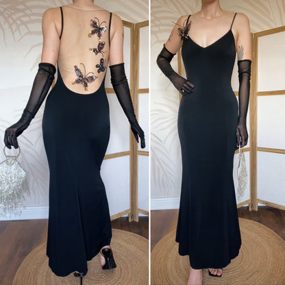 John Charles vintage y2k black butterfly evening gown UK 12 & 14