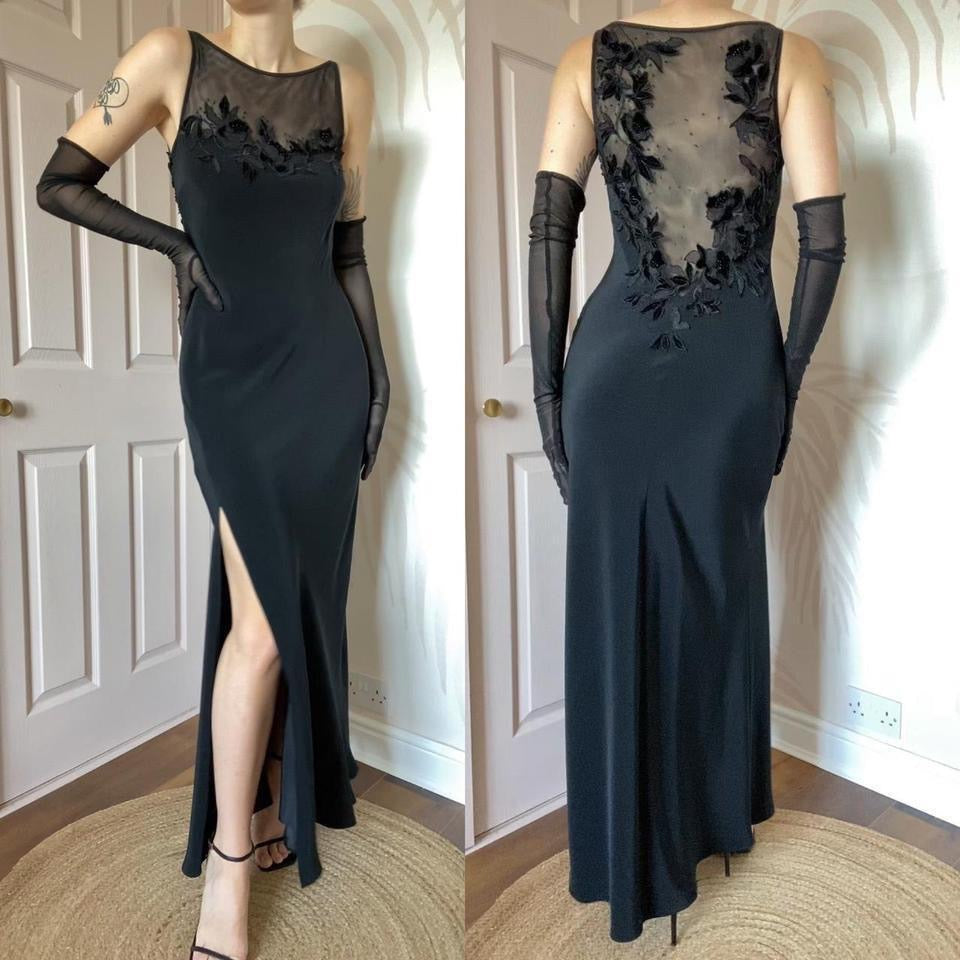 Black sheer back floral detail evening dress uk 8
