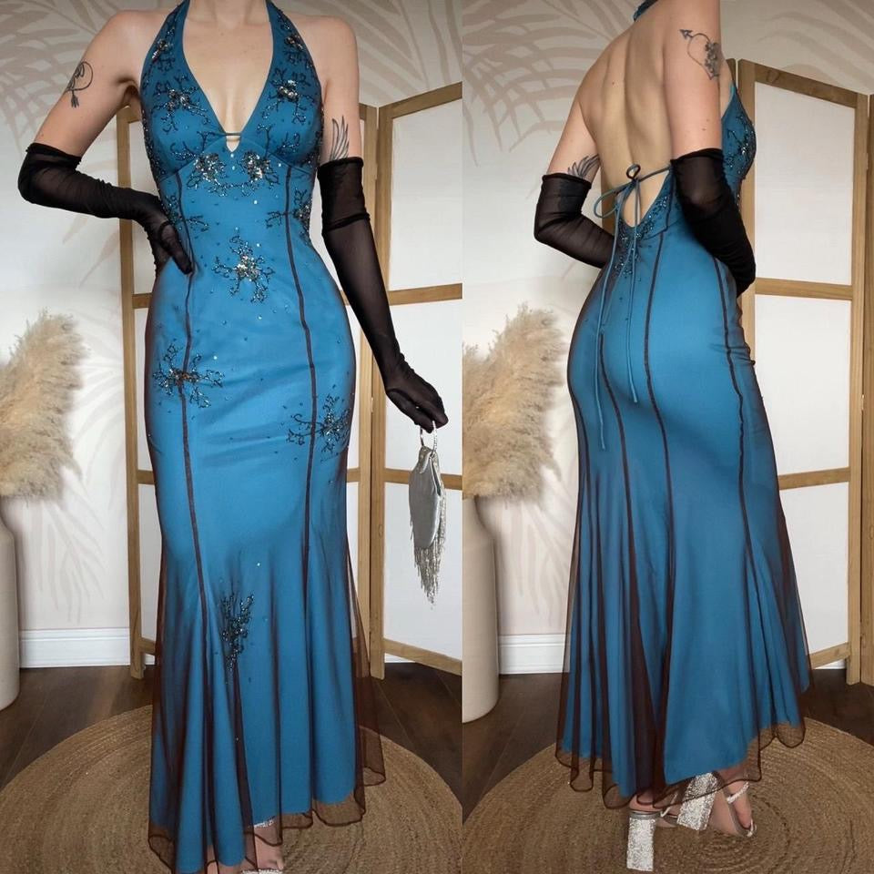 Niki Livas blue stretch halter-neck beaded dress uk 8