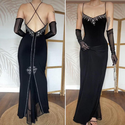 Black stretchy beaded & gem evening dress uk 12