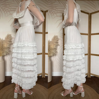 White frilly long sleeve lace wedding dress uk S/8-10