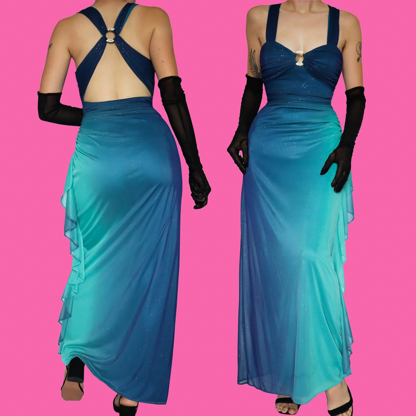 Blue glittery stretch evening dress UK 10-12