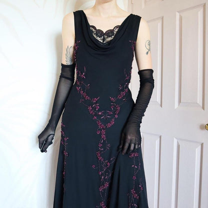 Black 100% silk floral detail midi dress UK 16