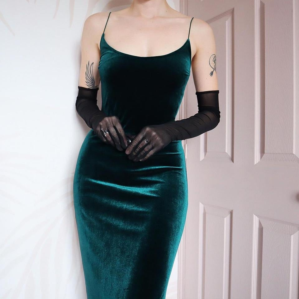 Dark green velvet open back evening dress UK 12-14