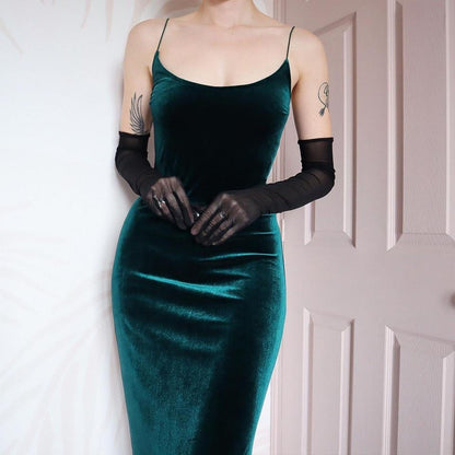 Dark green velvet open back evening dress UK 12-14