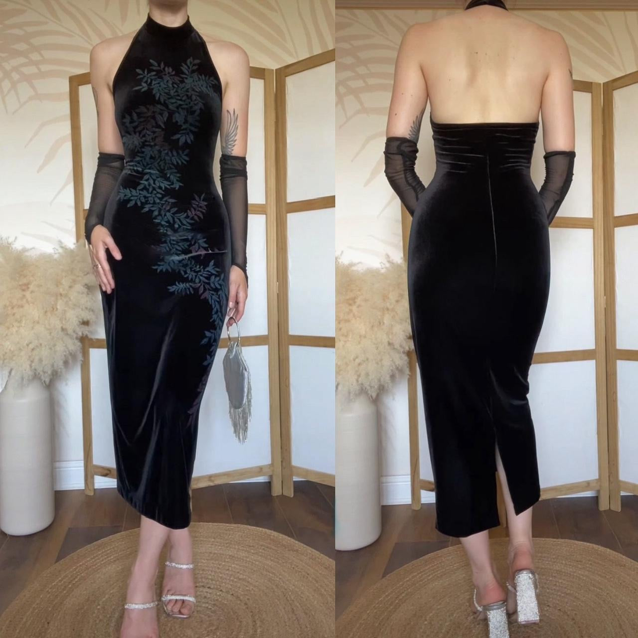 Black velvet stretch high neck evening dress uk 8-10