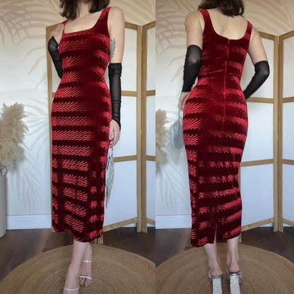 Red velvet stretch textured Bodycon midi dress uk 12