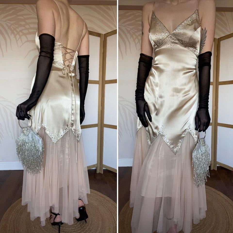 Dave & Johnny gold beaded evening dress UK 12