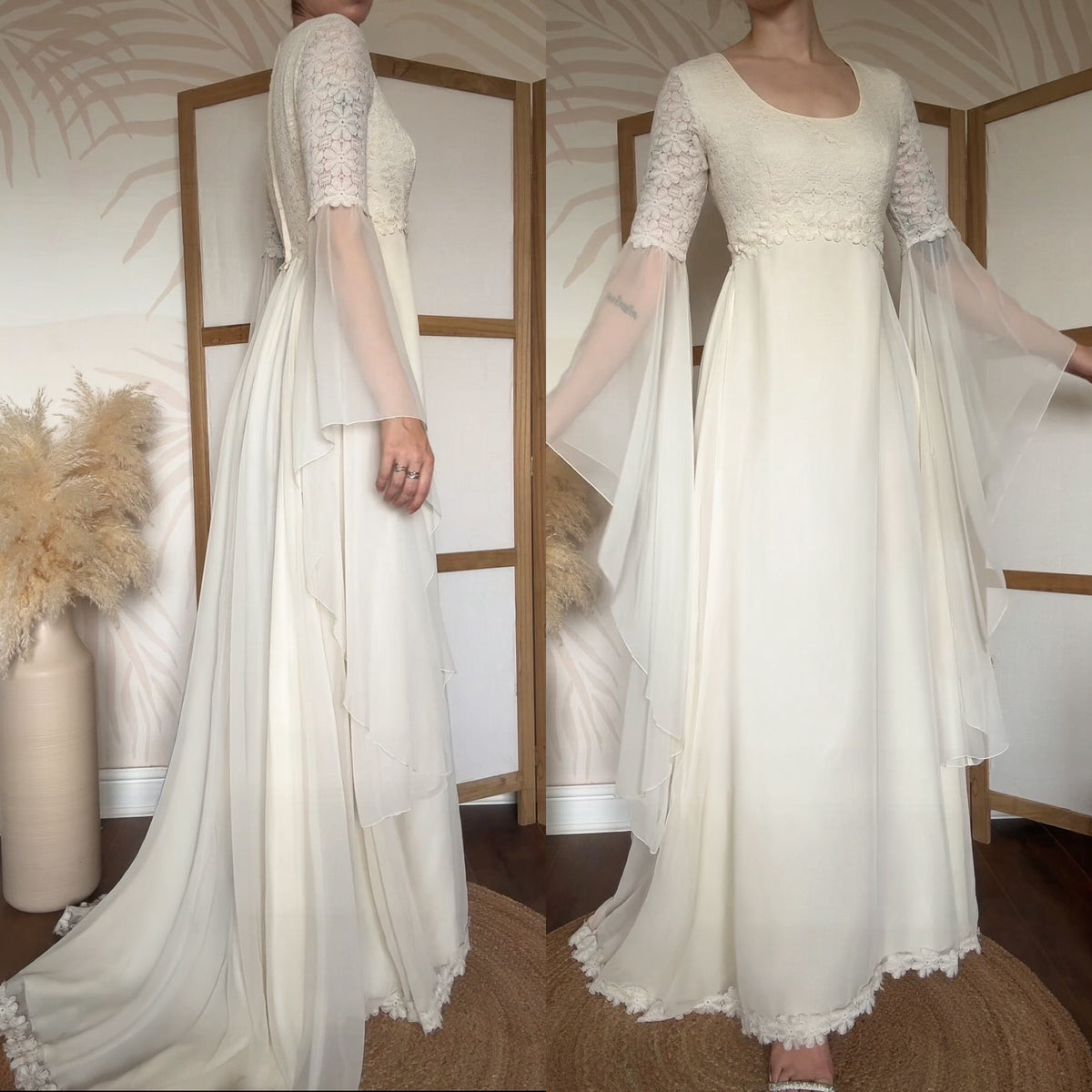 70s long sleeve floral lace wedding dress uk 8-10