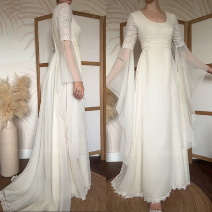 70s long sleeve floral lace wedding dress uk 8-10