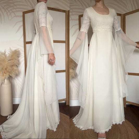 70s long sleeve floral lace wedding dress uk 8-10