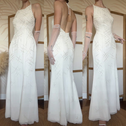 Ivory halter-neck beaded wedding dress uk 12