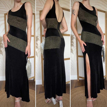 Bernshaw black & gold stretchy bodycon dress uk 10