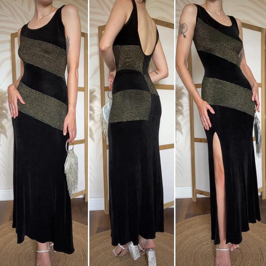 Bernshaw black & gold stretchy bodycon dress uk 10