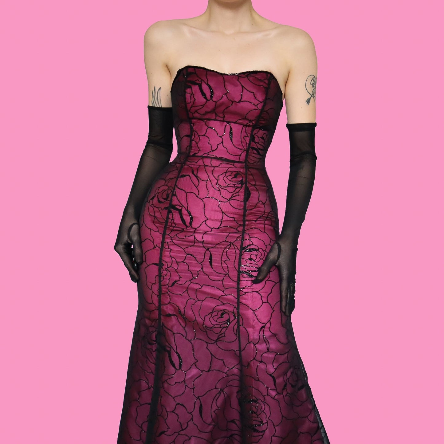 Pink strapless glitter floral evening dress UK 8 & UK 12