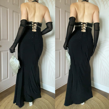 Black 90s Dave & Johnny beaded stretch halter neck evening dress UK 10