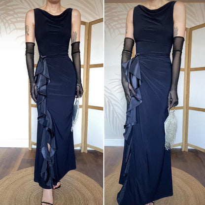 Betsy & Adam navy stretch satin frill dress uk 10-12