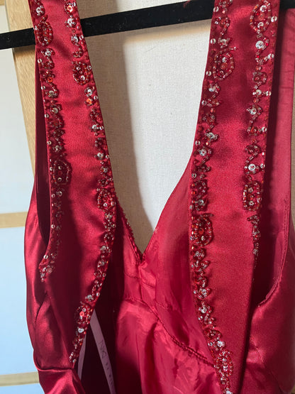 Niki Livas red satin beaded evening gown uk 10