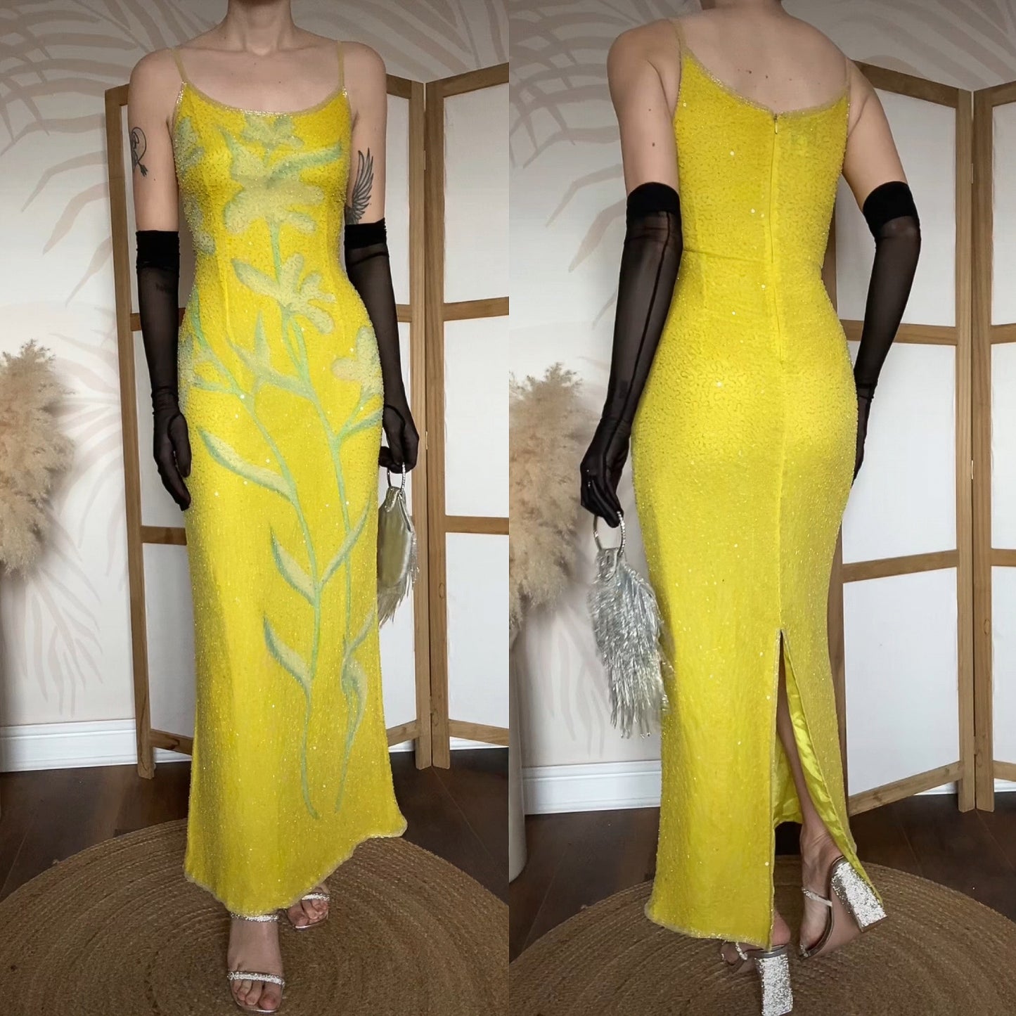 Bright yellow After Six beaded 100% silk evening dress uk 12-14