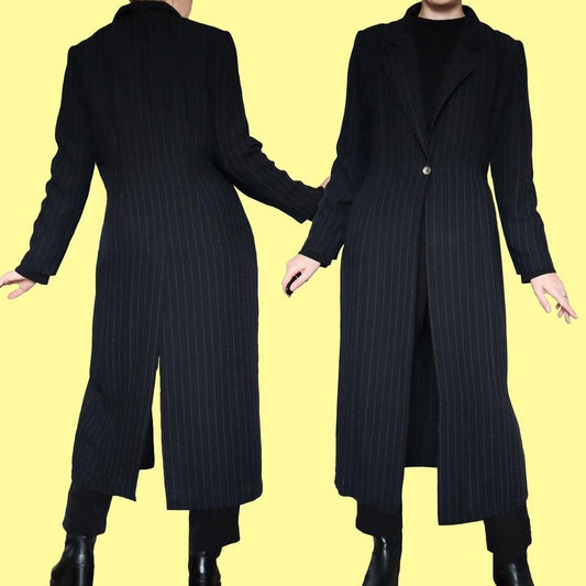 Black vintage Mark Angelo pinstripe long jacket UK 12