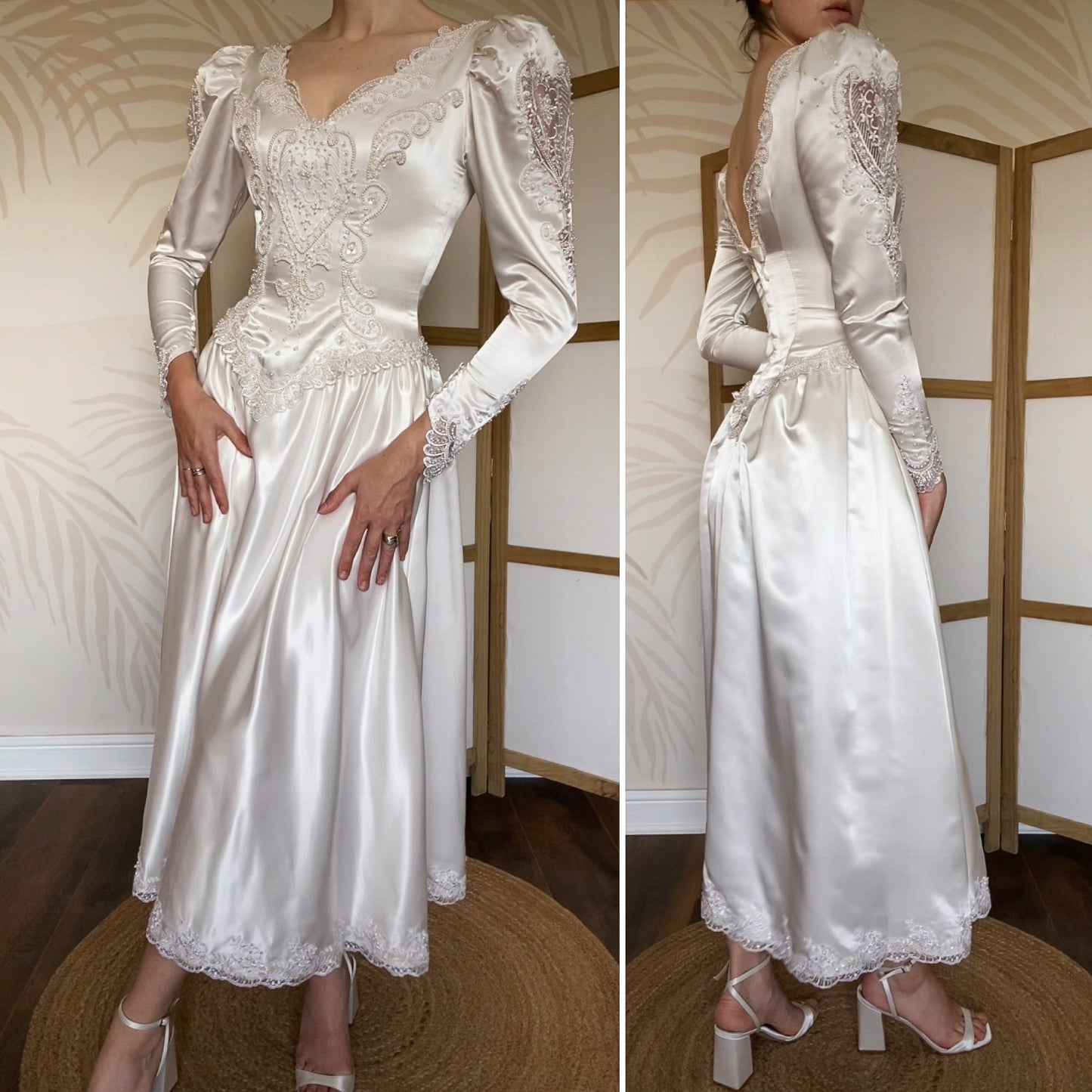 Ivory 80s satin long sleeve midi dress uk 8