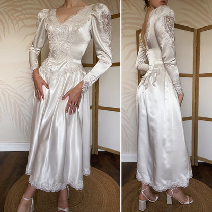 Ivory 80s satin long sleeve midi dress uk 8