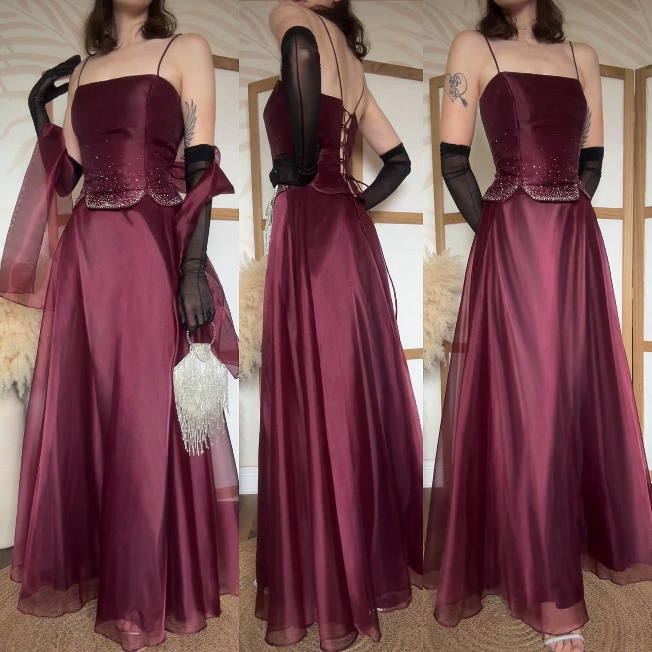 Burgundy organza 3-piece top, skirt & shawl prom set uk 10-12