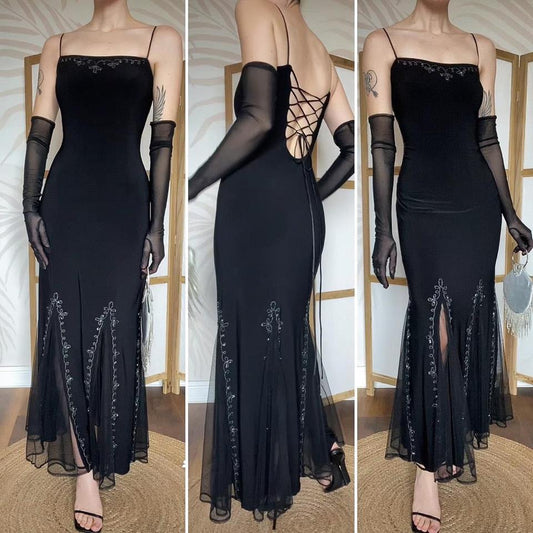 Flori black stretch lace up back evening dress uk 14-16