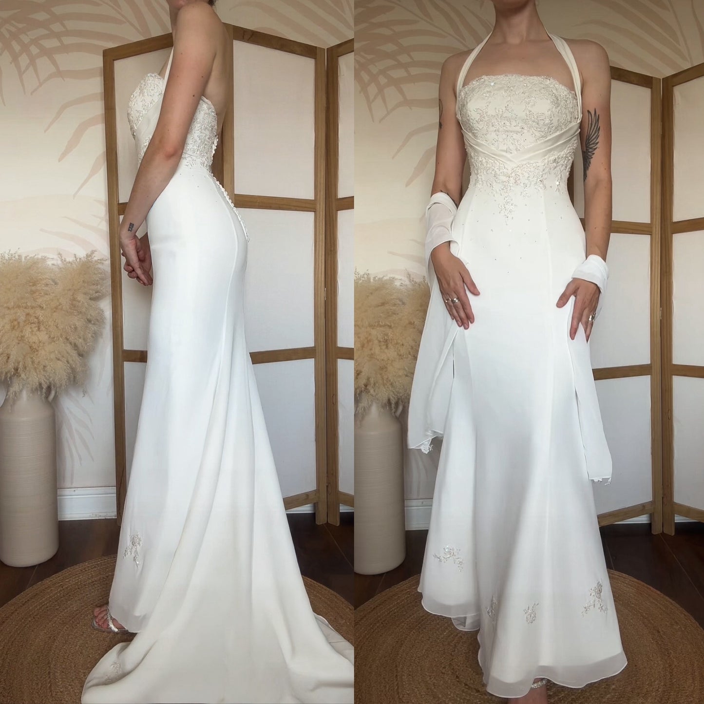Ivory halter-neck lace wedding dress & shawl uk 8