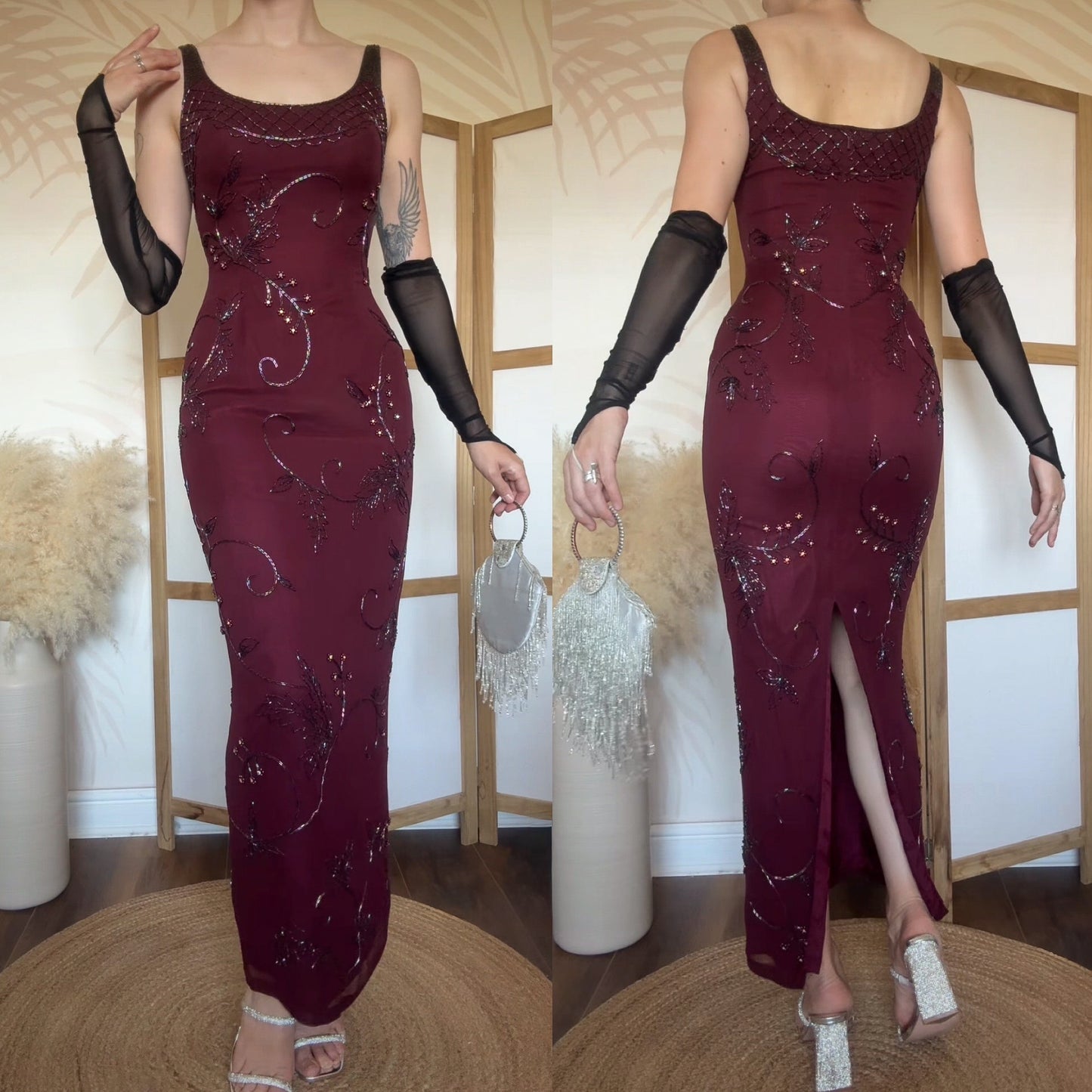 Yve London 100% silk burgundy beaded evening dress uk 10