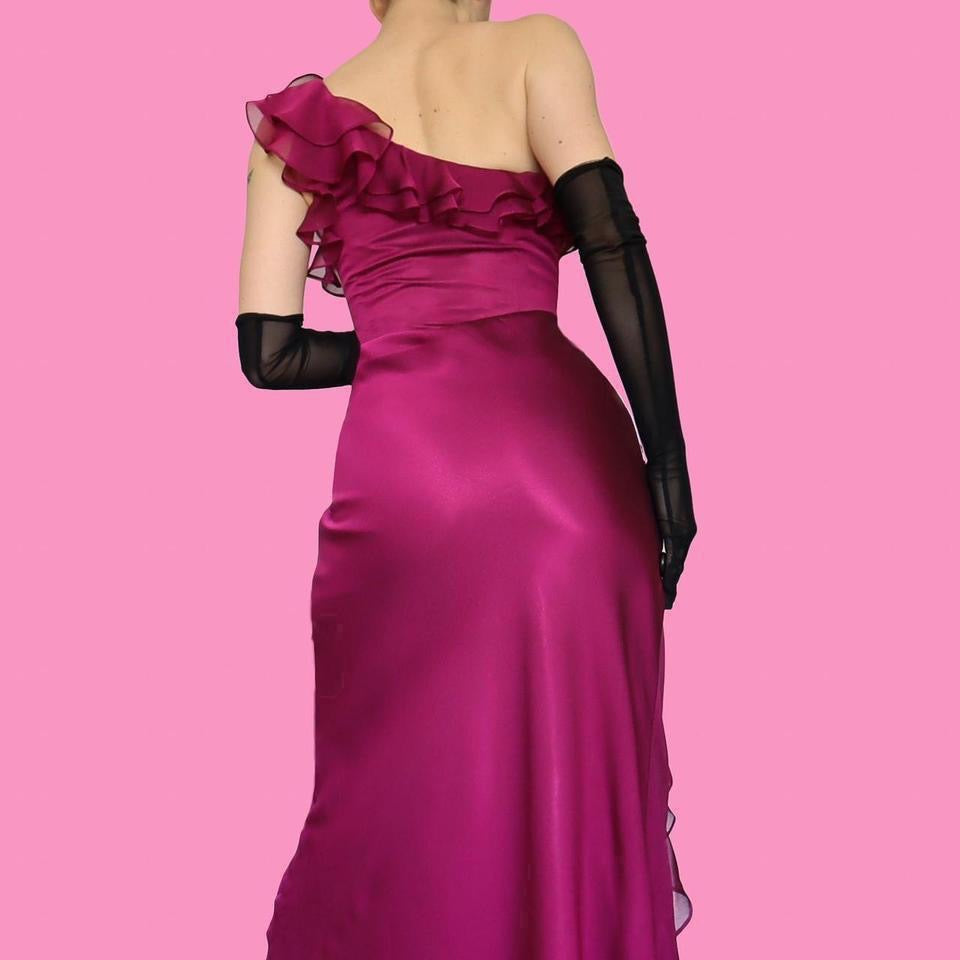 Purple one shoulder frilly evening dress UK 14