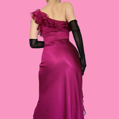 Purple one shoulder frilly evening dress UK 14