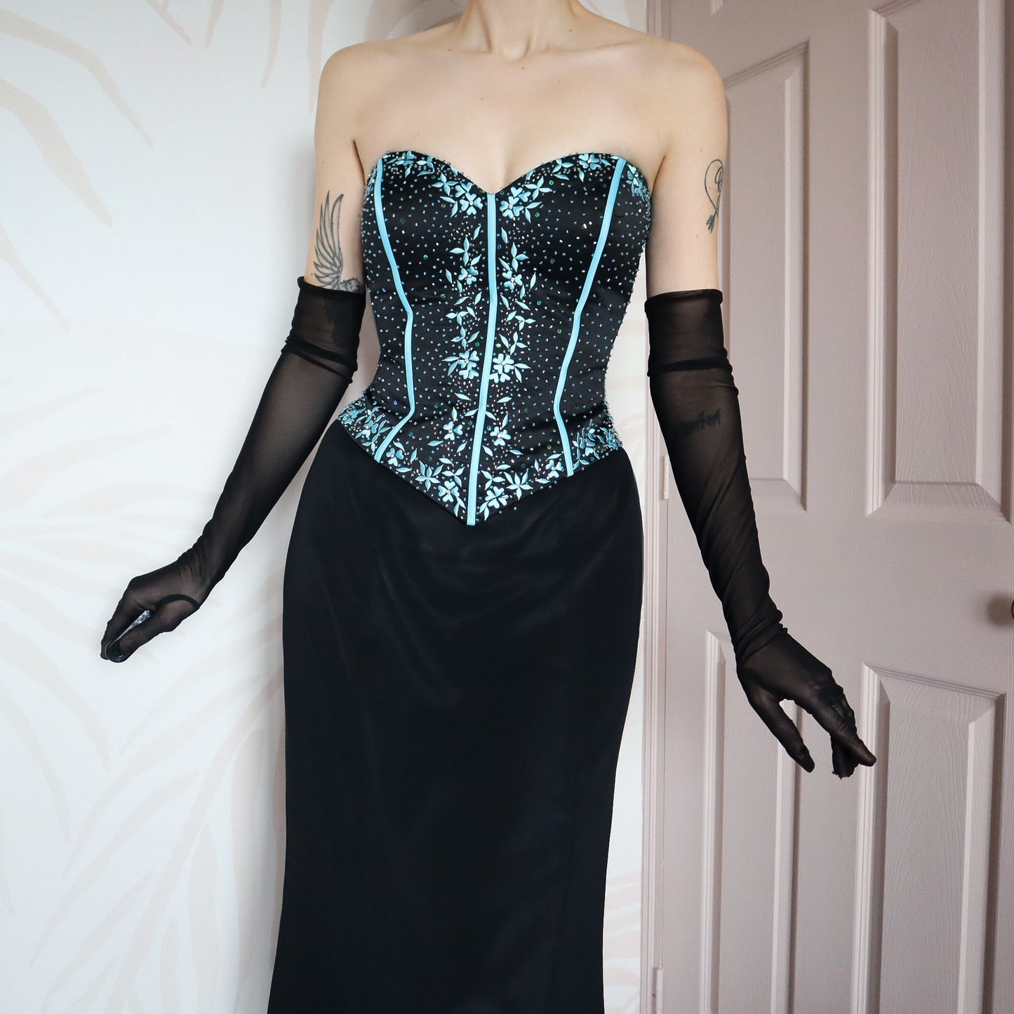 Black & blue corset silk evening gown UK 12