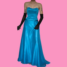 Load image into Gallery viewer, Blue Charas strapless lace up back evening gown UK 10/12
