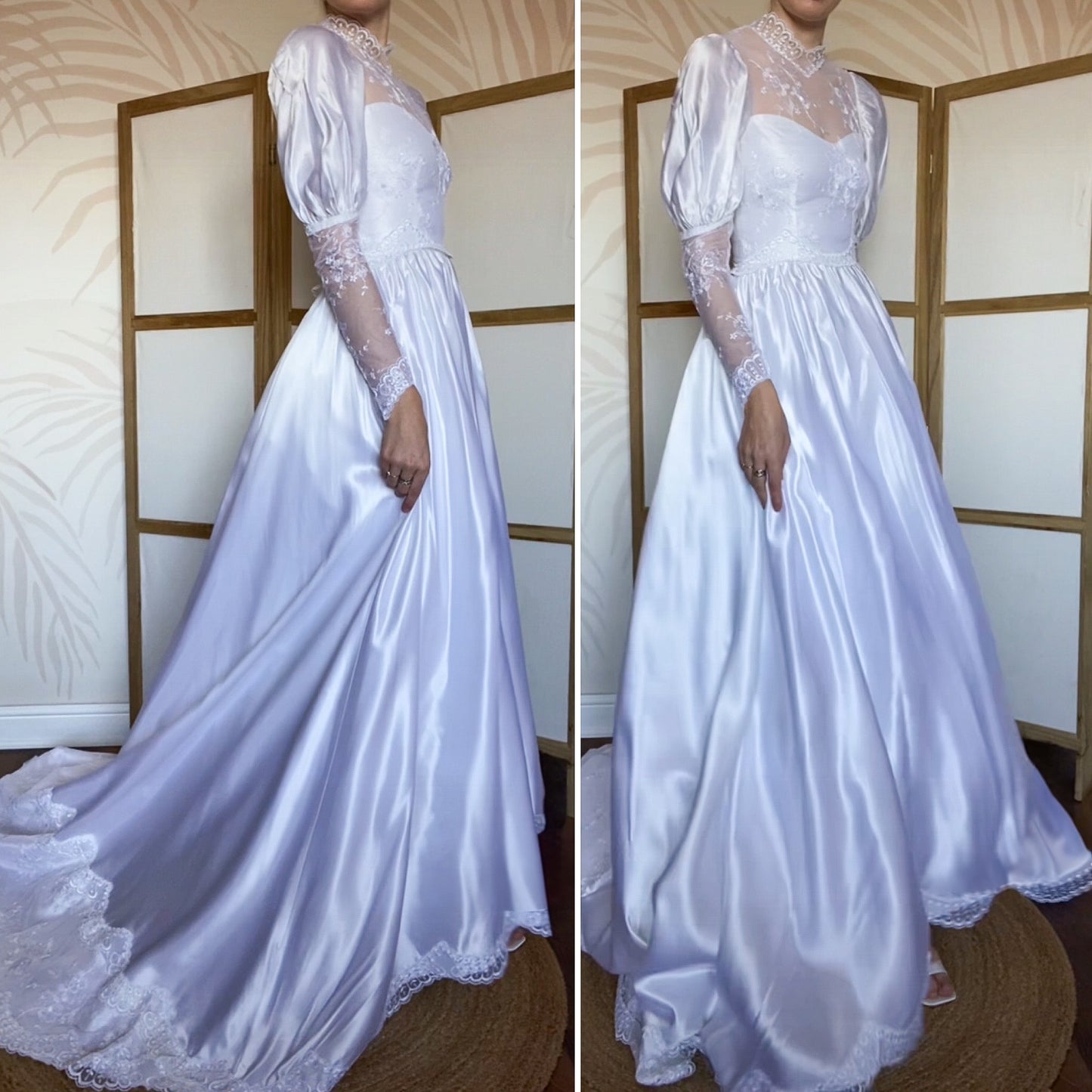 White satin & lace 80s wedding dress UK 6-8/XS