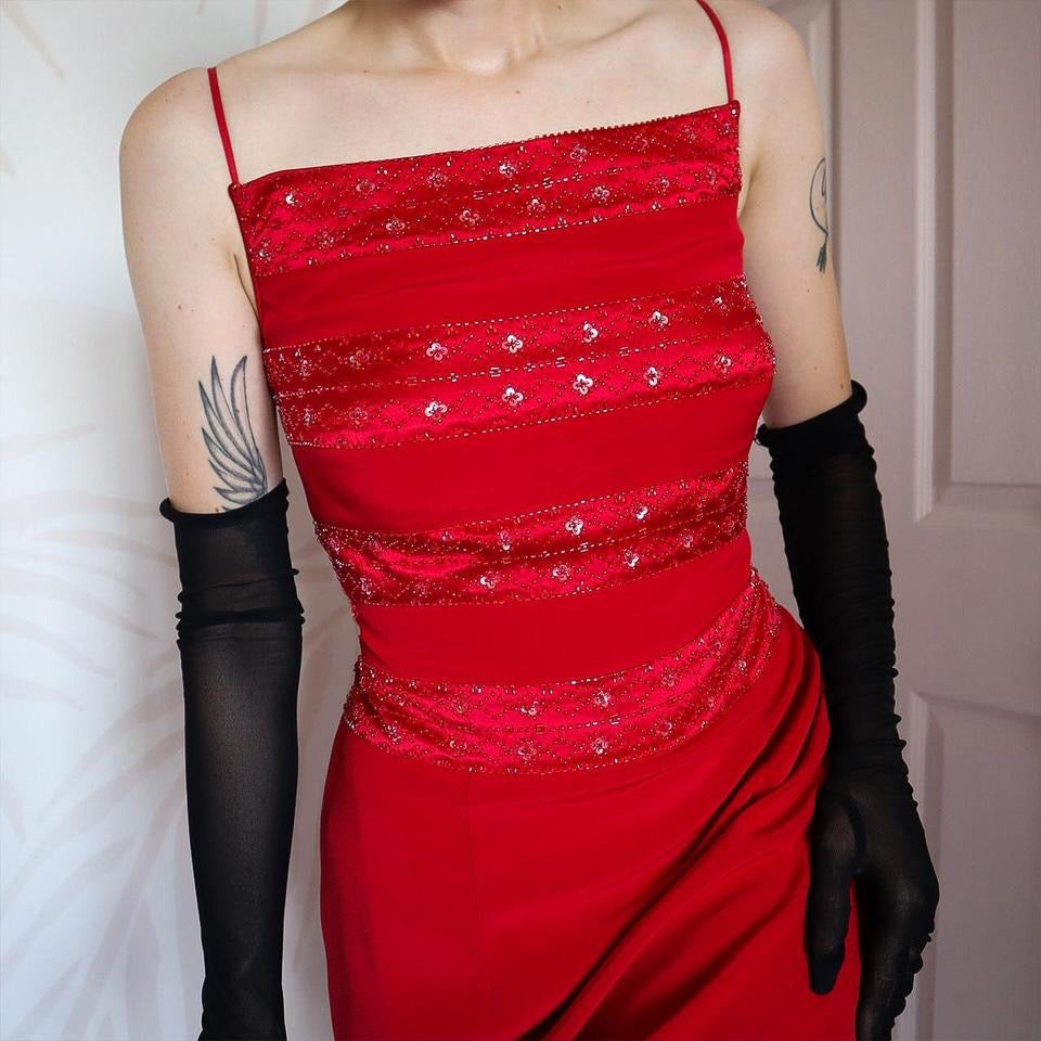 Red Vintage John Charles Beaded Sheer Back Evening Dress UK 14